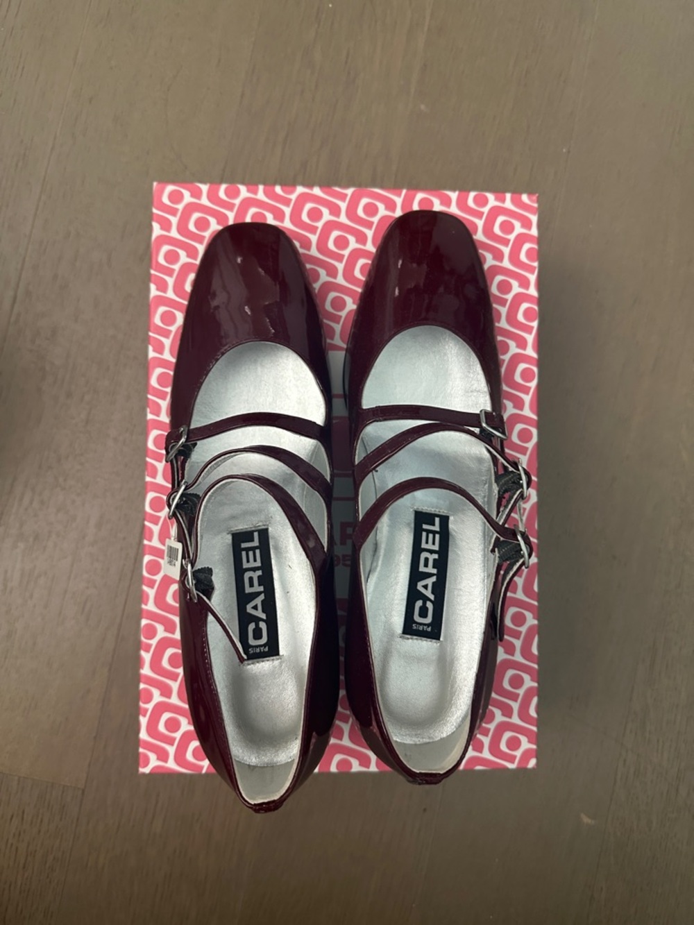 Carel Burgundy Patent Mary Jane Flats with Double Straps